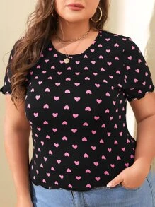 SHEIN LUNE Plus Allover Heart Print Lettuce Trim Tee - Multicolor - View 1