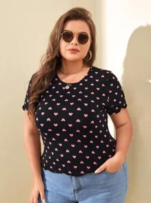 SHEIN LUNE Plus Allover Heart Print Lettuce Trim Tee - Multicolor - View 3