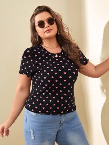 SHEIN LUNE Plus Allover Heart Print Lettuce Trim Tee - Multicolor - View 5