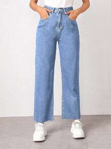 Bleach Wash High-Rise Baggy Jeans - Medium Wash - View 1