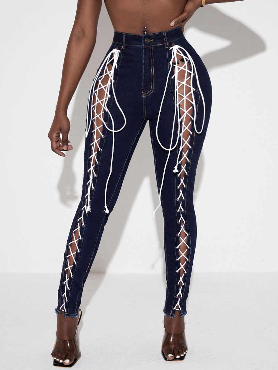 SHEIN SXY 高腰繫帶緊身牛仔褲 - 深色水洗藍 - 查看 1