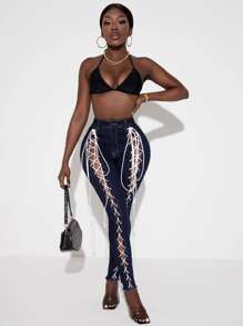 SHEIN SXY 高腰繫帶緊身牛仔褲 - 深色水洗藍 - 查看 4