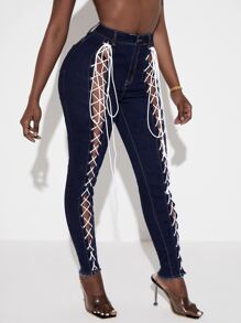 SHEIN SXY 高腰繫帶緊身牛仔褲 - 深色水洗藍 - 查看 5