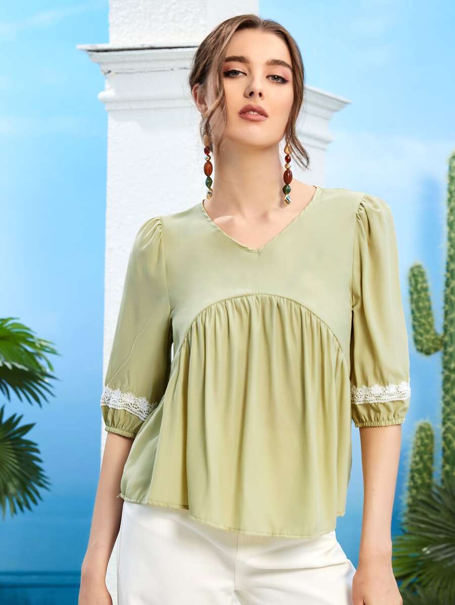 SHEIN Unity Puff Sleeve Contrast Guipure Lace Peplum Blouse - Lime Green - View 1