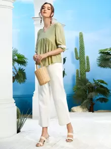 SHEIN Unity Puff Sleeve Contrast Guipure Lace Peplum Blouse - Lime Green - View 2