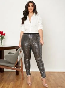 SHEIN Privé Plus Contrast Sequin Skinny Trousers - Black - View 3