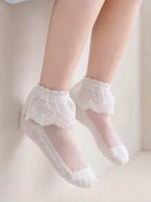 1 Par Calcetines De Media Pantorrilla De Encaje Para Niños, Estilo Delgado - Blanco - Ver 1
