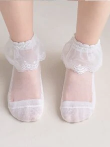 1 Par Calcetines De Media Pantorrilla De Encaje Para Niños, Estilo Delgado - Blanco - Ver 3