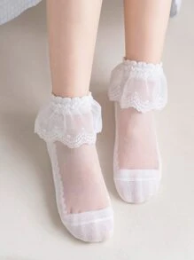 1 Par Calcetines De Media Pantorrilla De Encaje Para Niños, Estilo Delgado - Blanco - Ver 4