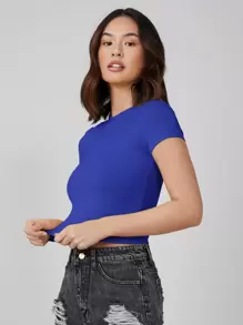 SHEIN BASICS Áo crop top tay lửng trơn - Xanh đậm - Xem 4