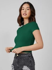 SHEIN BASICS Top corto de manga corta de color sólido - Verde Oscuro - Ver 3