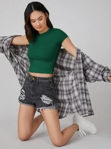 SHEIN BASICS Top corto de manga corta de color sólido - Verde Oscuro - Ver 4