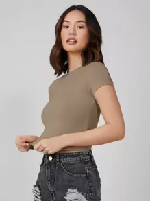 SHEIN BASICS 盖袖纯色短款上衣 - 摩卡棕 - 查看 5