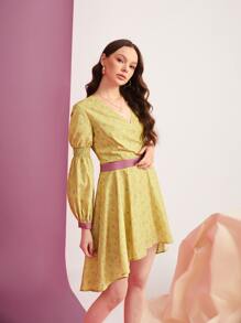 Abelis Floral Print Gathered Sleeve High Low Hem Dress - Multicolor - View 4