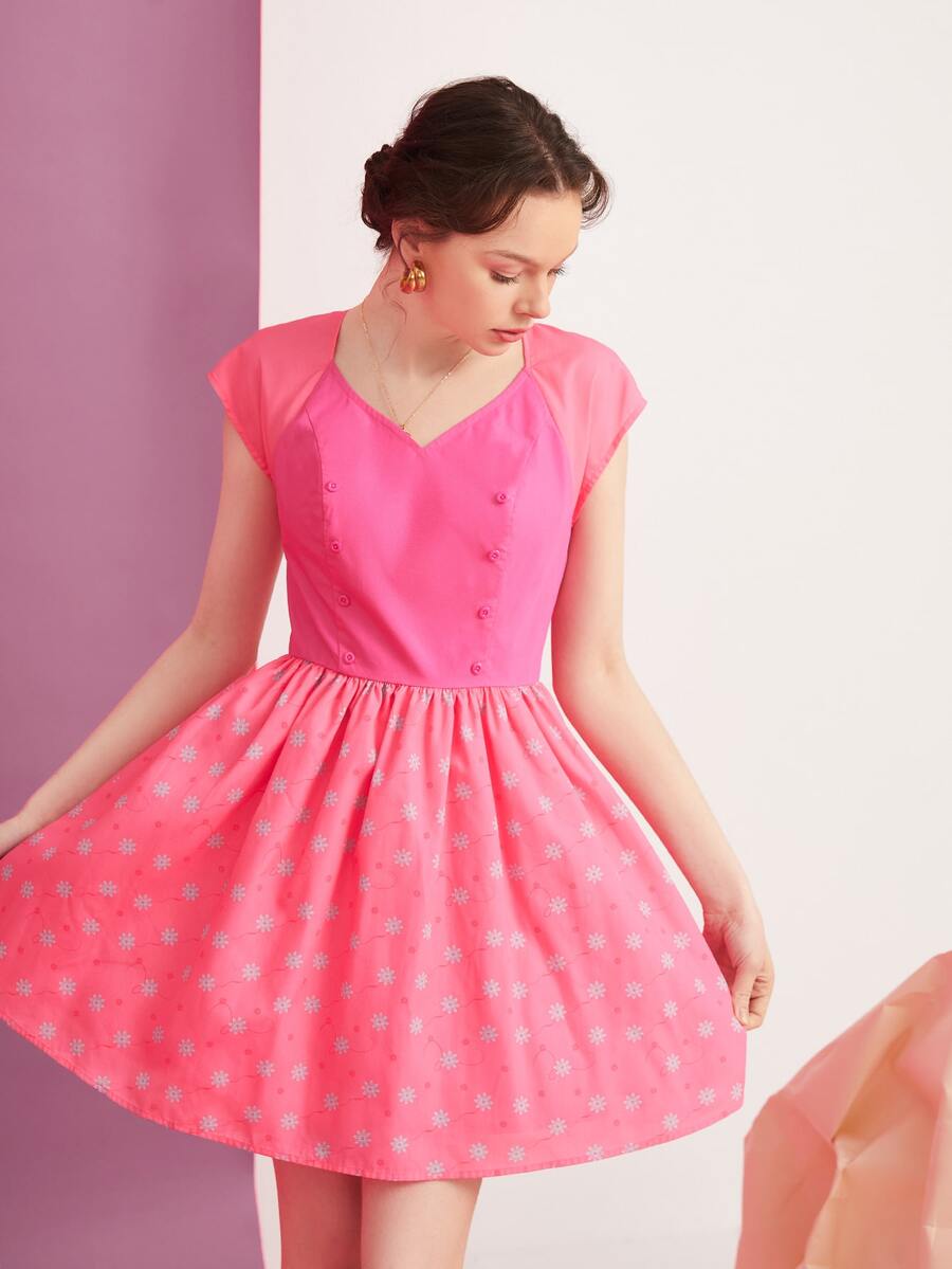 Abelis Floral Print Raglan Sleeve Zip Back Dress - Hot Pink - View 1