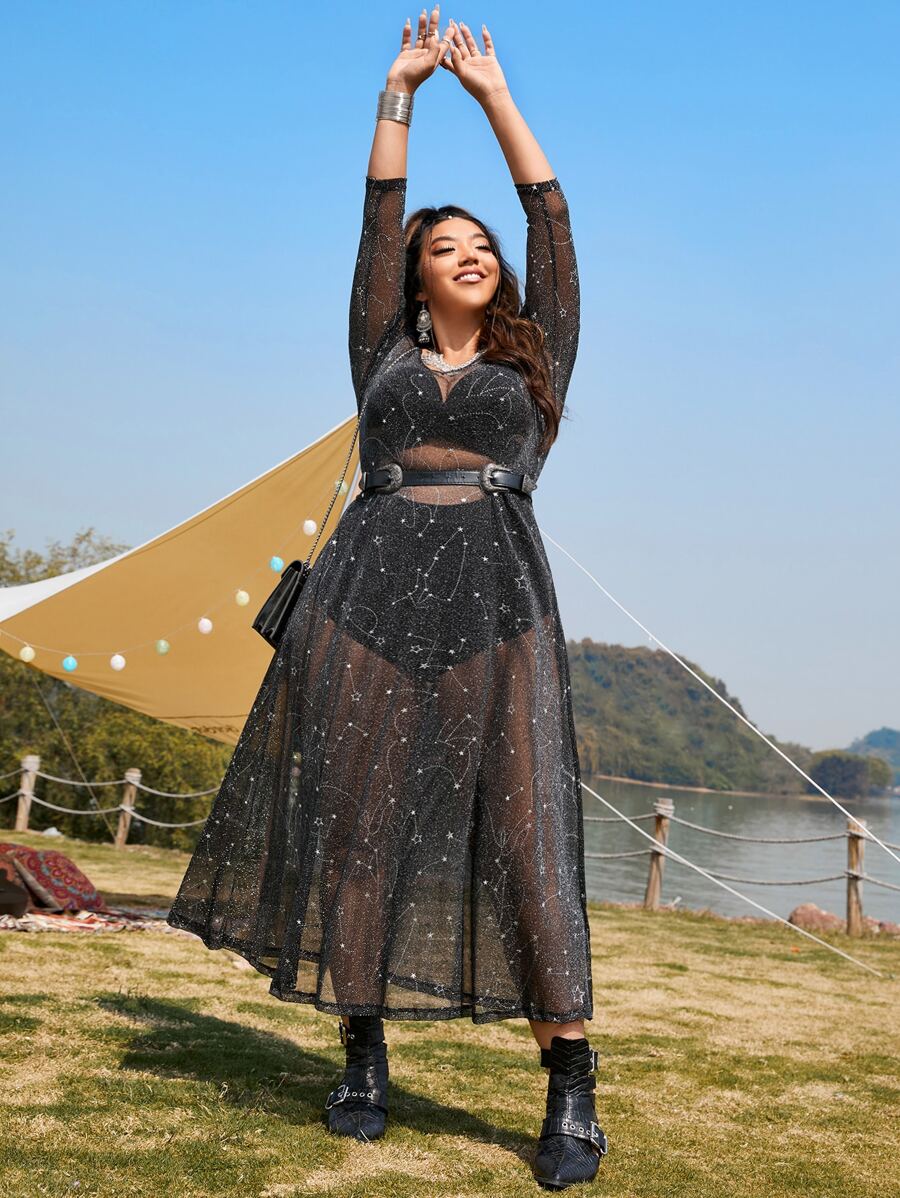 Dreamara Plus Constellation Print Metallic Dress Without Belt & Lingerie