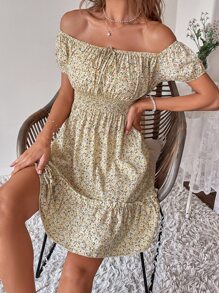 SHEIN VCAY 小碎花一字肩前繫帶荷葉邊洋裝 - 彩色 - 查看 4