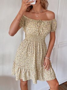 SHEIN VCAY 小碎花一字肩前繫帶荷葉邊洋裝 - 彩色 - 查看 6