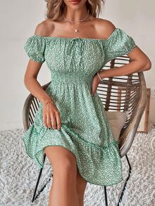 SHEIN VCAY Ditsy Floral Off Shoulder Tie Front Ruffle Hem Dress - Multicolor - View 4