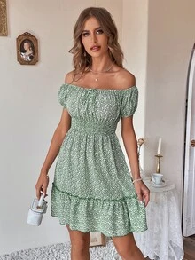 SHEIN VCAY Ditsy Floral Off Shoulder Tie Front Ruffle Hem Dress - Multicolor - View 5