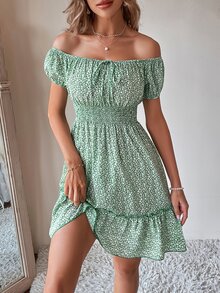 SHEIN VCAY Ditsy Floral Off Shoulder Tie Front Ruffle Hem Dress - Multicolor - View 7