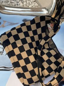 Checkered Pattern Crochet Bucket Bag - Multicolor - View 2