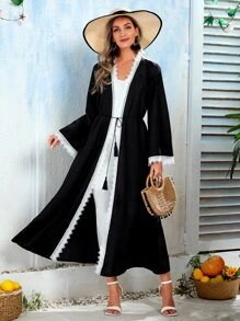 Al Najma Áo choàng Abaya Thắt lưng Tương phản ren màu trơn Boho - màu đen - Xem 1