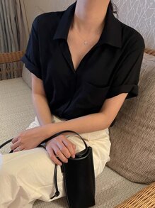 DAZY Áo sơ mi vá túi trước cài nút trơn mùa hè - màu đen - Xem 7