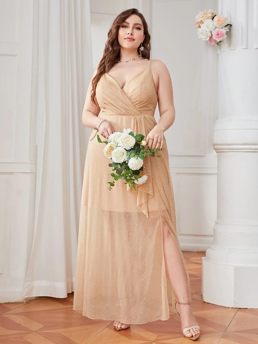 SHEIN Belle Váy phù dâu Plus Trọn gói Dây kéo Tách cao màu trơn Hấp dẫn - Màu be - Xem 1