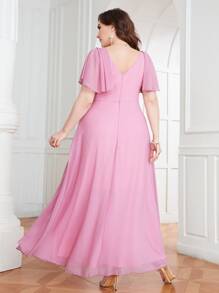 SHEIN Belle Plus Ruched Butterfly Sleeve Two Layer Hem Chiffon Bridesmaid Dress - Pink - View 2