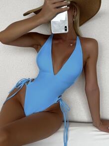 SHEIN Swim 側繫帶連體泳衣 - 藍色 - 查看 1