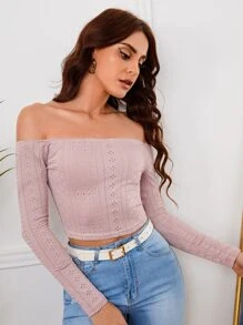 SHEIN Privé Off Shoulder Pointelle Knit Crop Top - Dusty Pink - View 4