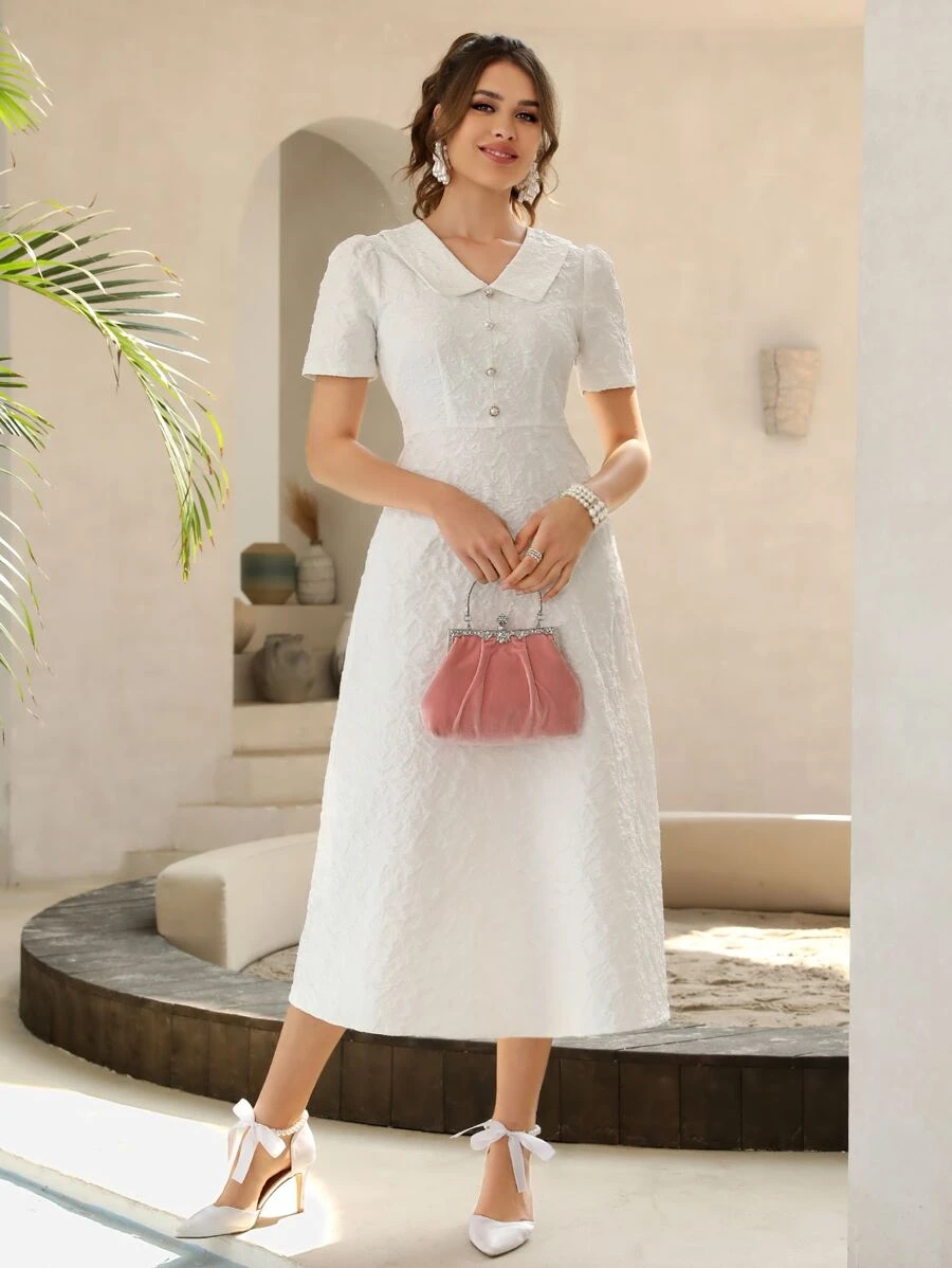 Modelyn Fake Button A-line Jacquard Dress - White - View 1