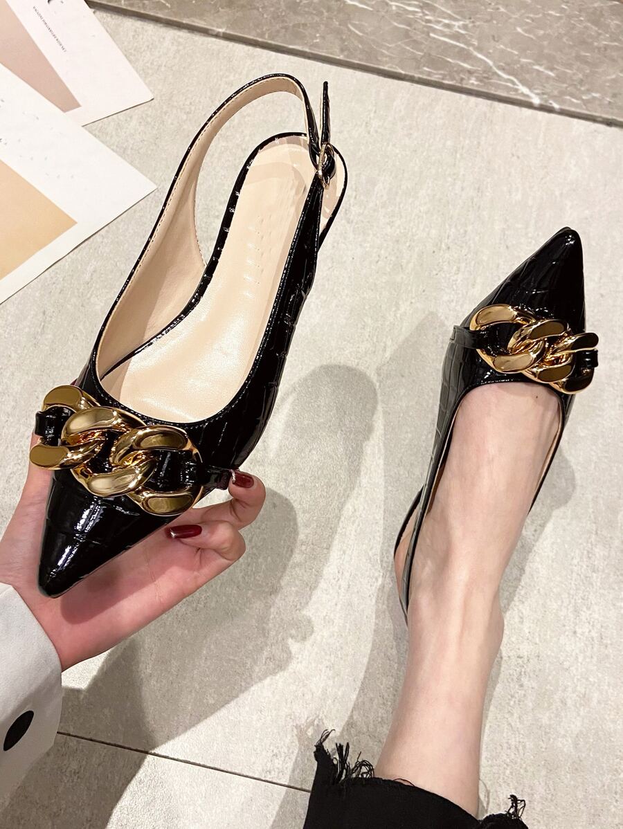 Women Chain Decor Crocodile Embossed Sandals, Fashionable Point Toe Slingback Flats - Black - View 1