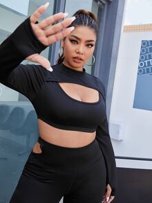 Bộ thể thao Plus Size Cắt ra màu trơn - màu đen - Xem 3