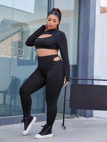 Bộ thể thao Plus Size Cắt ra màu trơn - màu đen - Xem 4