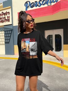 SHEIN EZwear Áo thun nữ Slogan Giải trí - màu đen - Xem 5