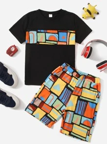 SHEIN Cậu bé Tween In Địa lý Áo thun & quần đùi - Nhiều màu - Xem 1