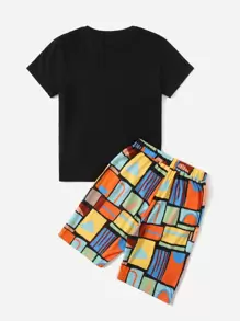 SHEIN Cậu bé Tween In Địa lý Áo thun & quần đùi - Nhiều màu - Xem 2