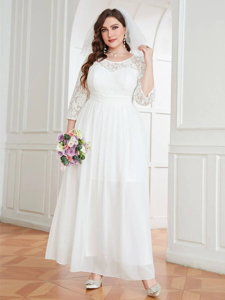 SHEIN Belle con encaje fruncido de gasa Vestido de novia sin Velo - Blanco - Ver 1