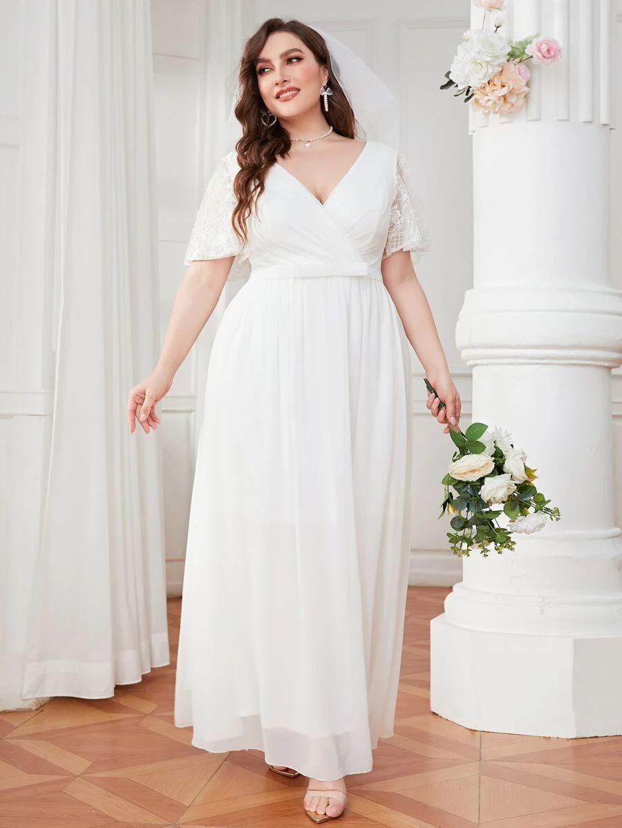 SHEIN Belle Plus Butterfly Sleeve Mesh Wedding Dress Without Veil - White - View 1