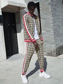 Manfinity 男士滿版字母圖案條紋織帶夾克和束腳褲套裝 - 彩色 - 查看 5