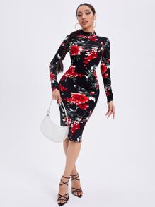 SHEIN SXY 印花小高領緊身連衣裙 - 彩色 - 查看 3