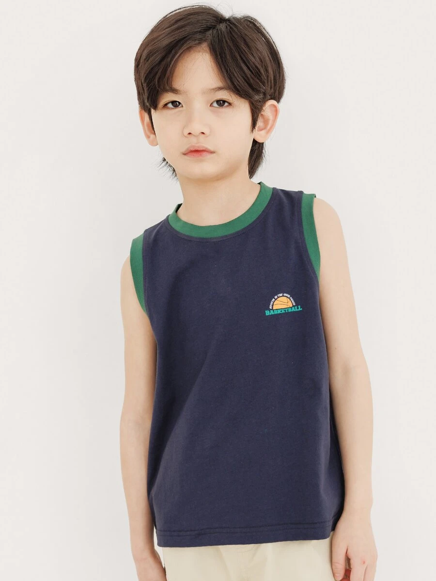 Niños Top tank con estampado de baloncesto - Azul Marino - Ver 1