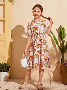 SHEIN 女孩印花燈籠袖荷葉邊繫腰帶洋裝