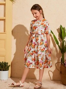 SHEIN 女孩印花燈籠袖荷葉邊繫腰帶洋裝