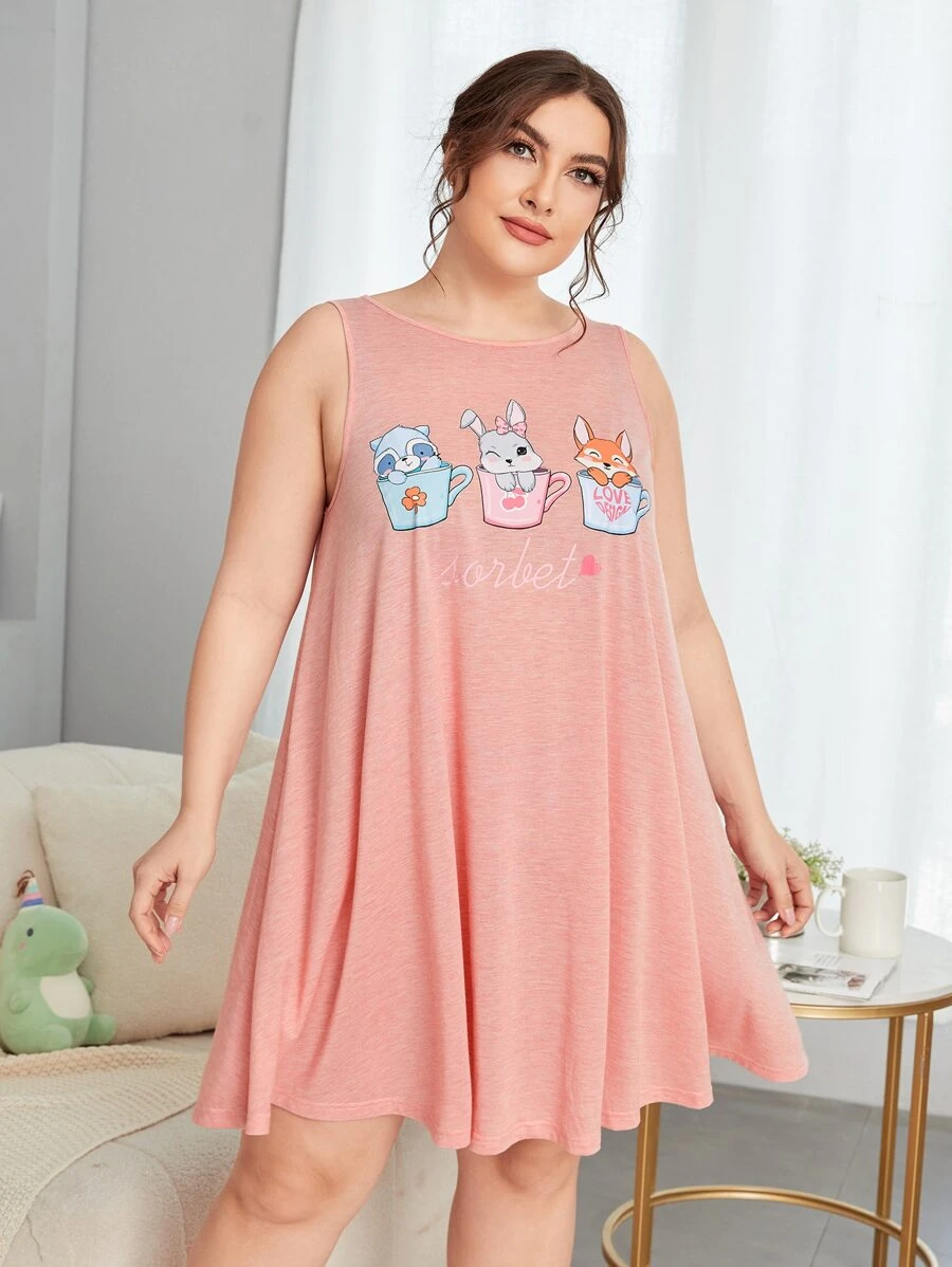 大碼字母和卡通圖案睡裙 - 珊瑚粉 - 查看 1