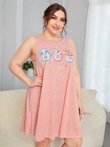 大碼字母和卡通圖案睡裙 - 珊瑚粉 - 查看 4
