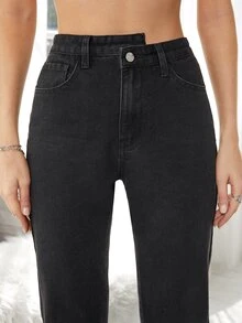 Split Side Zipper Fly Boyfriend Jeans - Black - View 6