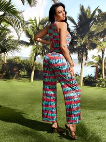 SHEIN SXY 滿版印花繞頸前繫帶連身褲 - 彩色 - 查看 2